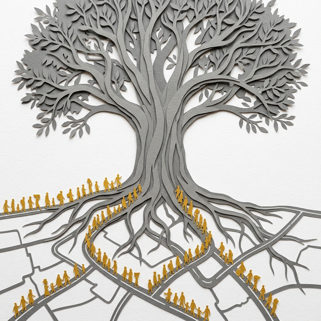 Layered papercut of a great tree with roots that become roads and borders, with golden yellow silhouetted human figures walking along them as migrants, on a white background