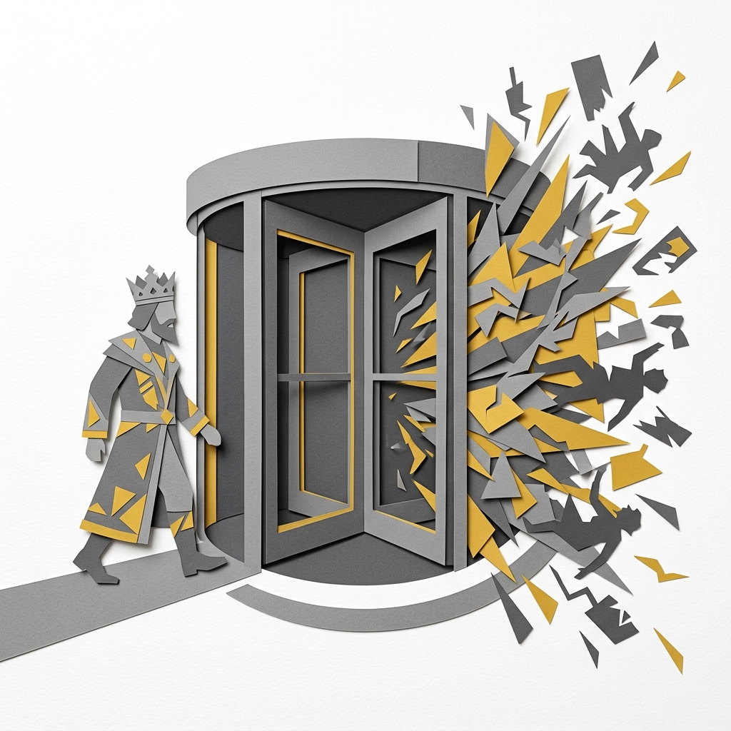 Layered papercut of a revolving door with a crowned authority figure entering and scattered chaotic silhouettes exploding from the other side, in grey and yellow on white