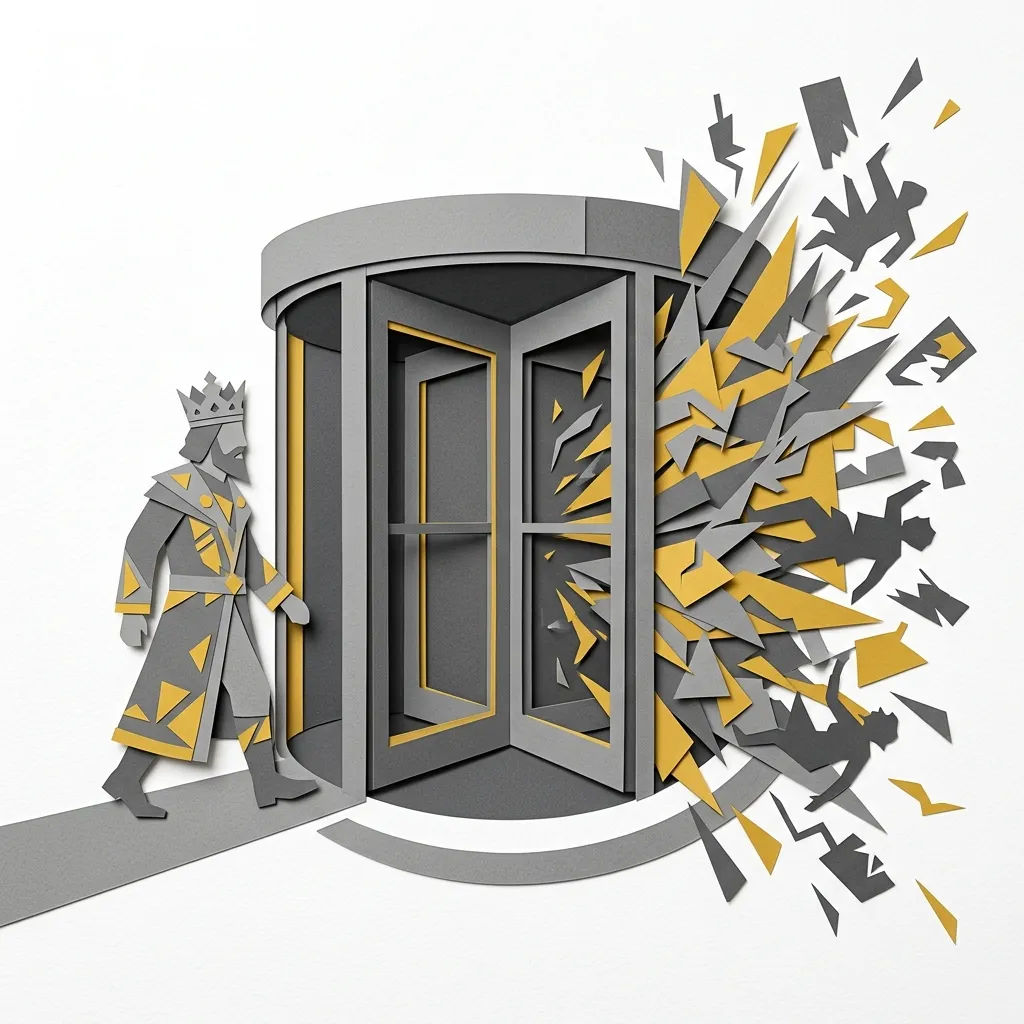 Layered papercut of a revolving door with a crowned authority figure entering and scattered chaotic silhouettes exploding from the other side, in grey and yellow on white