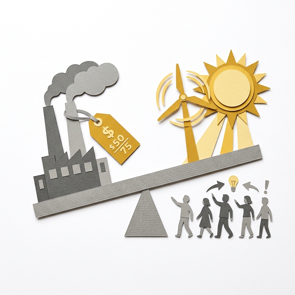 Layered papercut of a grey balance scale with a price-tagged grey smokestack on the left side outweighed by golden yellow wind turbines and a sun on the right side, with grey consumer figures below choosing the golden yellow energy side, illustrating how a revenue-neutral carbon price corrects the market failure by making pollution reflect its true cost, allowing market competition rather than mandates to drive the transition toward cleaner energy sources