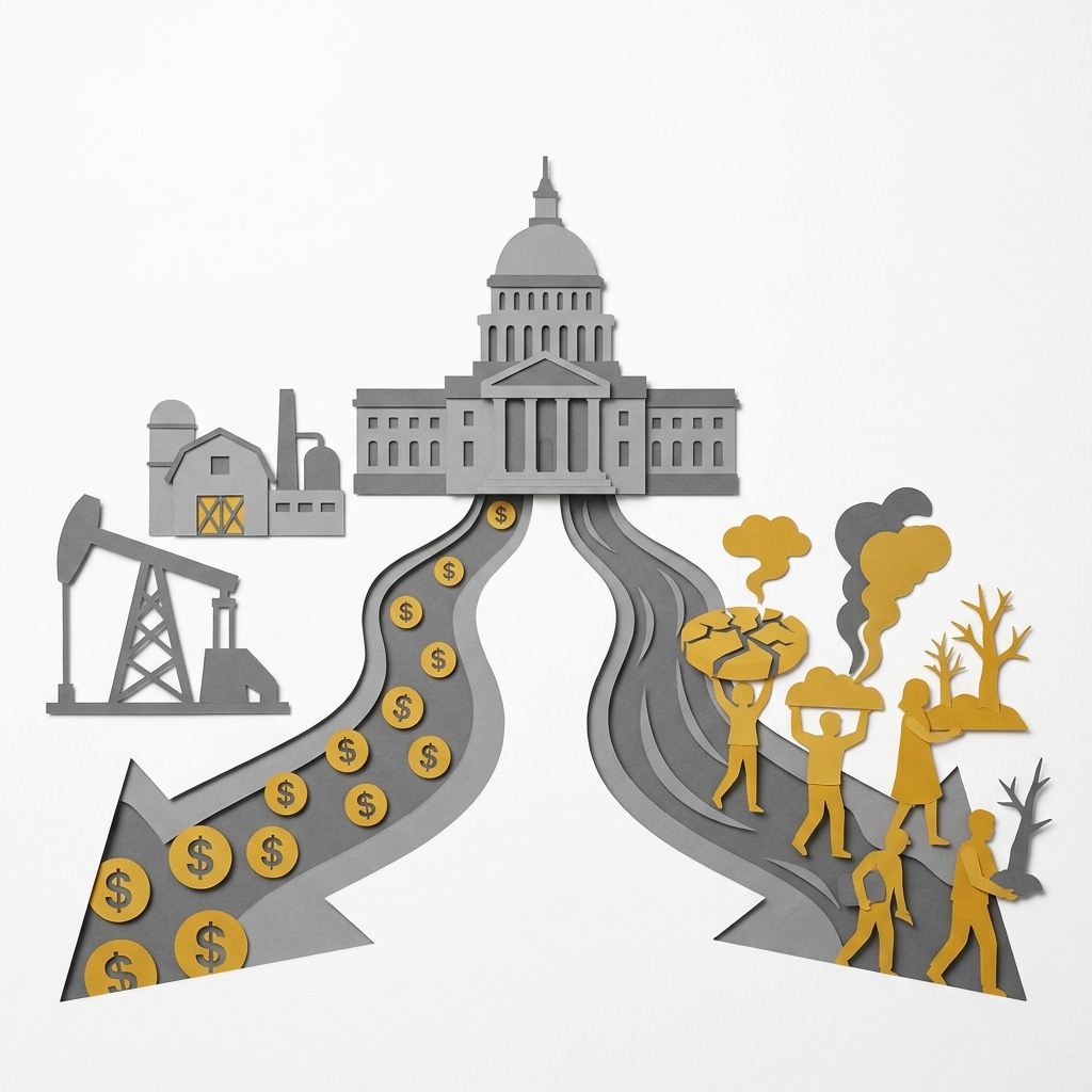 Layered papercut diagram of a grey government building at center with two diverging grey rivers flowing outward: one river carries golden yellow dollar coins flowing toward a grey oil derrick and industrial farm representing fossil fuel and agricultural subsidies, while the other river flows to golden yellow figures holding symbols of environmental damage including cracked land and dead trees, illustrating how government subsidies directly fund the industries and practices responsible for a large share of environmental degradation
