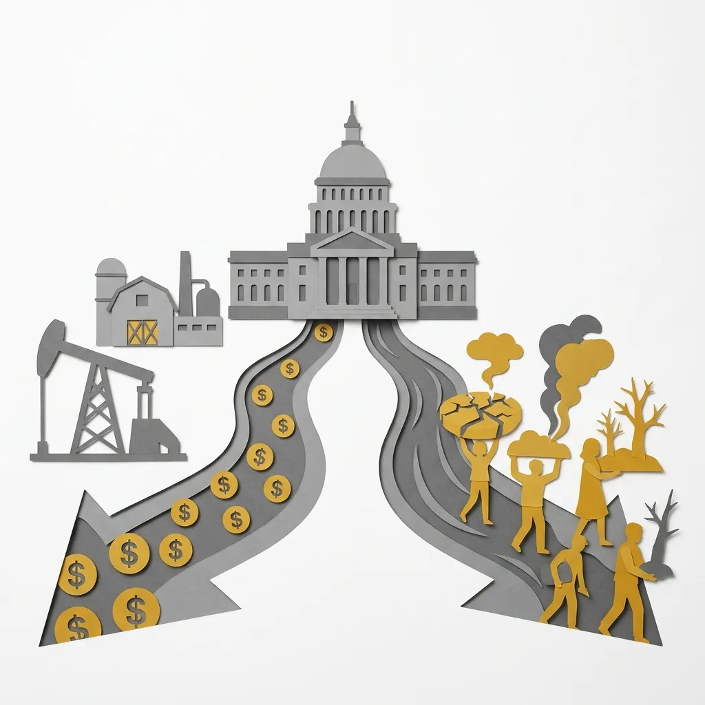 Layered papercut diagram of a grey government building at center with two diverging grey rivers flowing outward: one river carries golden yellow dollar coins flowing toward a grey oil derrick and industrial farm representing fossil fuel and agricultural subsidies, while the other river flows to golden yellow figures holding symbols of environmental damage including cracked land and dead trees, illustrating how government subsidies directly fund the industries and practices responsible for a large share of environmental degradation