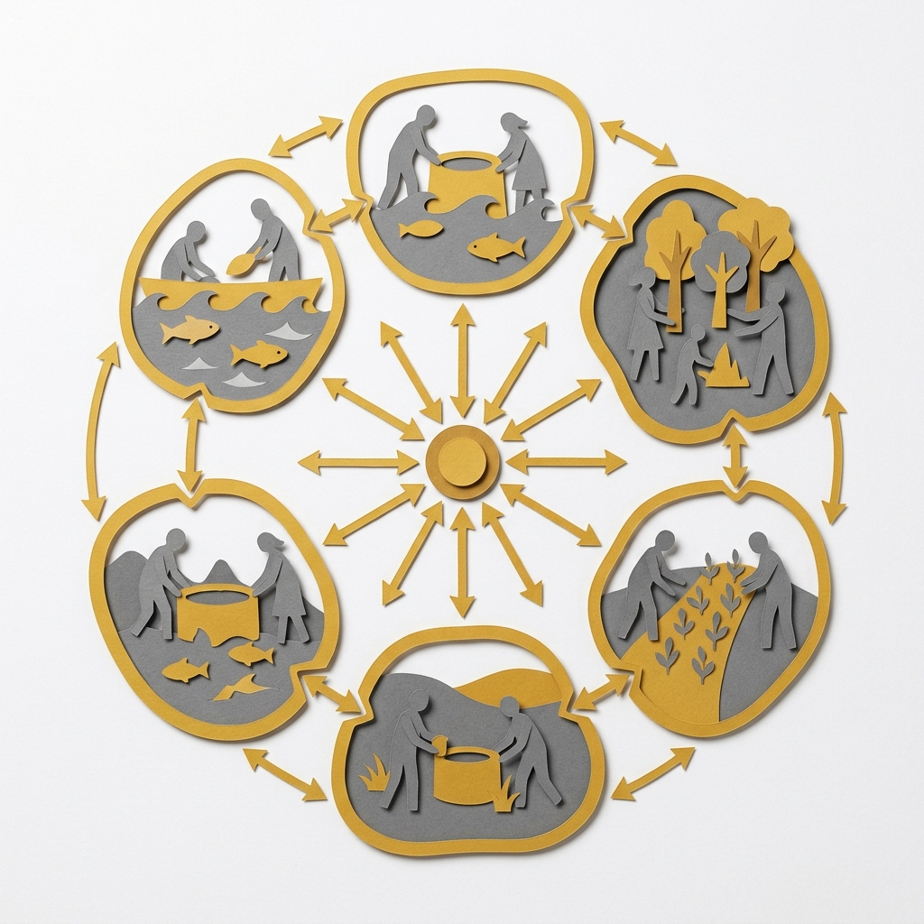 Layered papercut of six community groups arranged in a circle, each enclosed within a golden yellow boundary tending their own shared resource: fishing waters, forest, cropland, and water sources, with grey community figures managing each resource and golden yellow arrows connecting all groups to a central coordination node, illustrating Elinor Ostrom's Nobel Prize-winning finding that communities regularly develop effective self-governing institutions for managing shared resources without requiring either full privatization or central state management