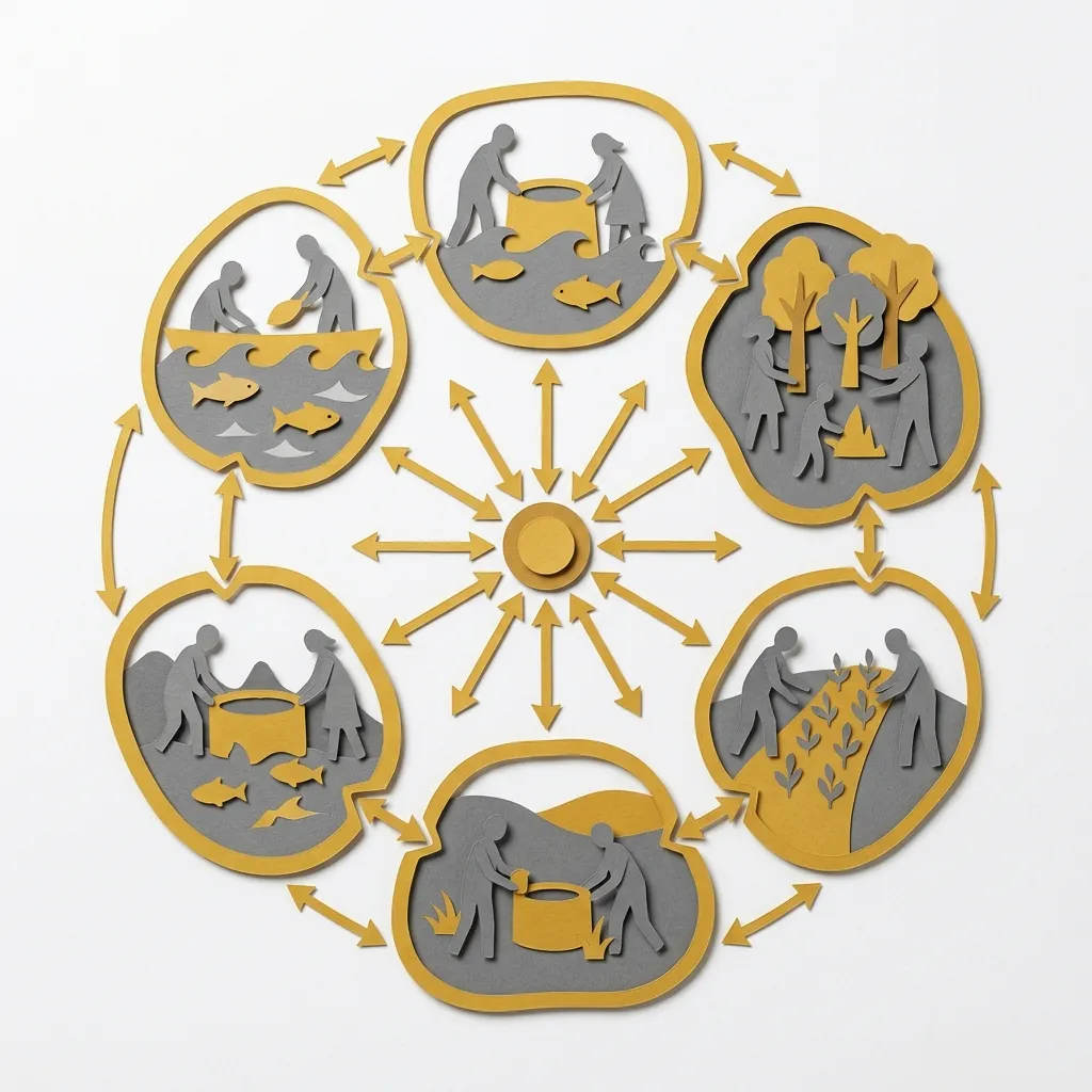 Layered papercut of six community groups arranged in a circle, each enclosed within a golden yellow boundary tending their own shared resource: fishing waters, forest, cropland, and water sources, with grey community figures managing each resource and golden yellow arrows connecting all groups to a central coordination node, illustrating Elinor Ostrom’s Nobel Prize-winning finding that communities regularly develop effective self-governing institutions for managing shared resources without requiring either full privatization or central state management