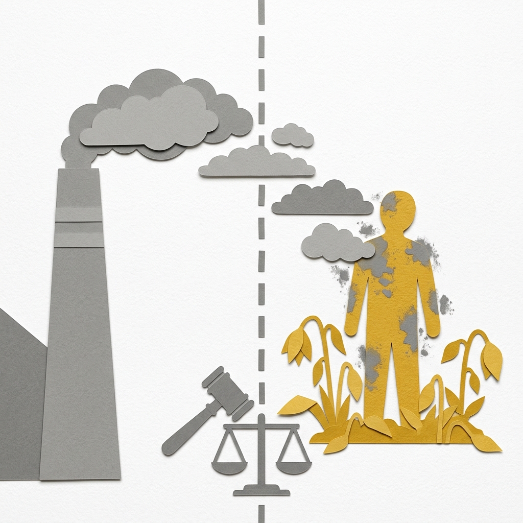 Layered papercut of a grey factory chimney on the left emitting grey cloud shapes that drift across a dashed property boundary line toward a golden yellow figure standing in a garden of wilting golden plants, with a grey gavel and scales of justice at the boundary, illustrating the common law doctrine that atmospheric pollution crossing a property boundary constitutes trespass and nuisance, giving the property owner standing to seek compensation and injunctions through the courts rather than requiring an administrative agency to act on their behalf
