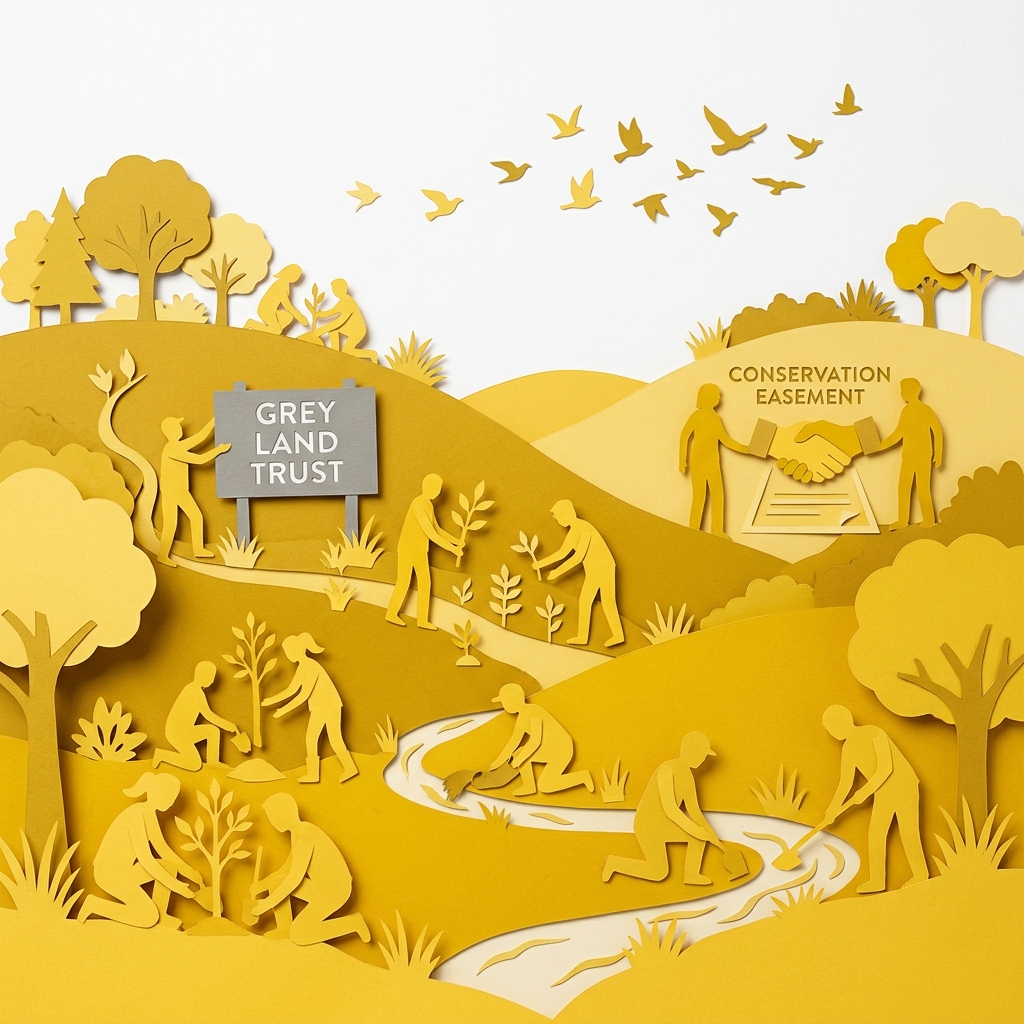 Layered papercut landscape of golden yellow hills with figures planting trees, tending streams, and shaking hands over conservation easements beneath flying golden birds and a grey land trust sign, illustrating how voluntary private conservation through land trusts, conservation easements, and payment for ecosystem services has permanently protected over 61 million acres in the United States through market mechanisms and property rights rather than government mandates
