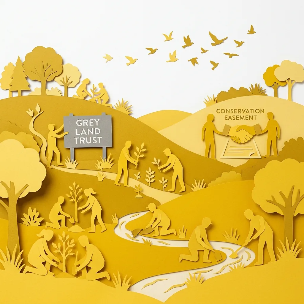 Layered papercut landscape of golden yellow hills with figures planting trees, tending streams, and shaking hands over conservation easements beneath flying golden birds and a grey land trust sign, illustrating how voluntary private conservation through land trusts, conservation easements, and payment for ecosystem services has permanently protected over 61 million acres in the United States through market mechanisms and property rights rather than government mandates