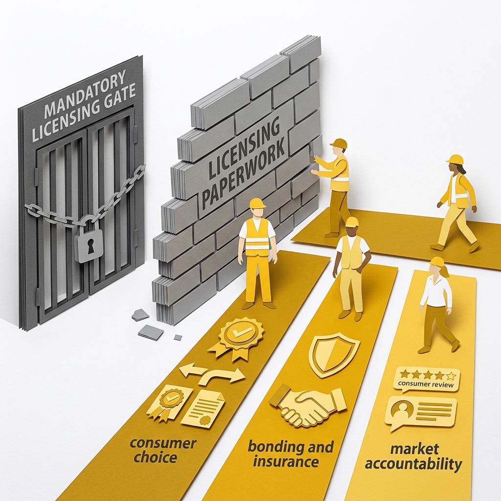 Layered papercut of three golden yellow open pathways side by side labeled certification, bonding and insurance, and market accountability replacing a single grey mandatory licensing gate on the far left, with worker figure silhouettes moving freely through the golden pathways while a lone figure is blocked at the grey gate, illustrating how voluntary certification with consumer choice, financial accountability through bonding and insurance requirements, and reputation-based market mechanisms can protect consumers from incompetent or fraudulent service providers without the anti-competitive effects of mandatory government licensing that restricts labor market entry