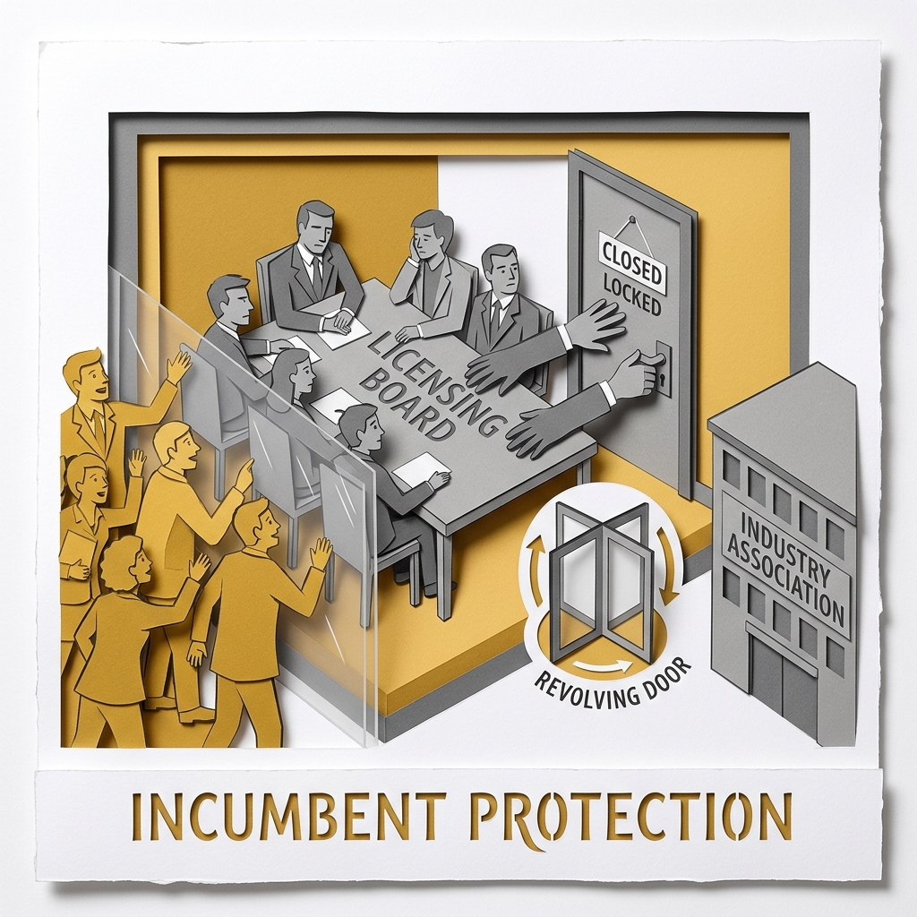 Layered papercut of a grey licensing board table where established grey industry professional figures are seated, while golden yellow aspiring newcomer figures press against a transparent wall outside the room trying to enter, as grey hands from the board reach to close and lock the door, with a revolving door symbol connecting the board to a grey industry association building on the side, illustrating how occupational licensing boards are typically staffed by existing industry practitioners who have direct financial interests in limiting competition by raising barriers to new entrants, a pattern economists identify as regulatory capture