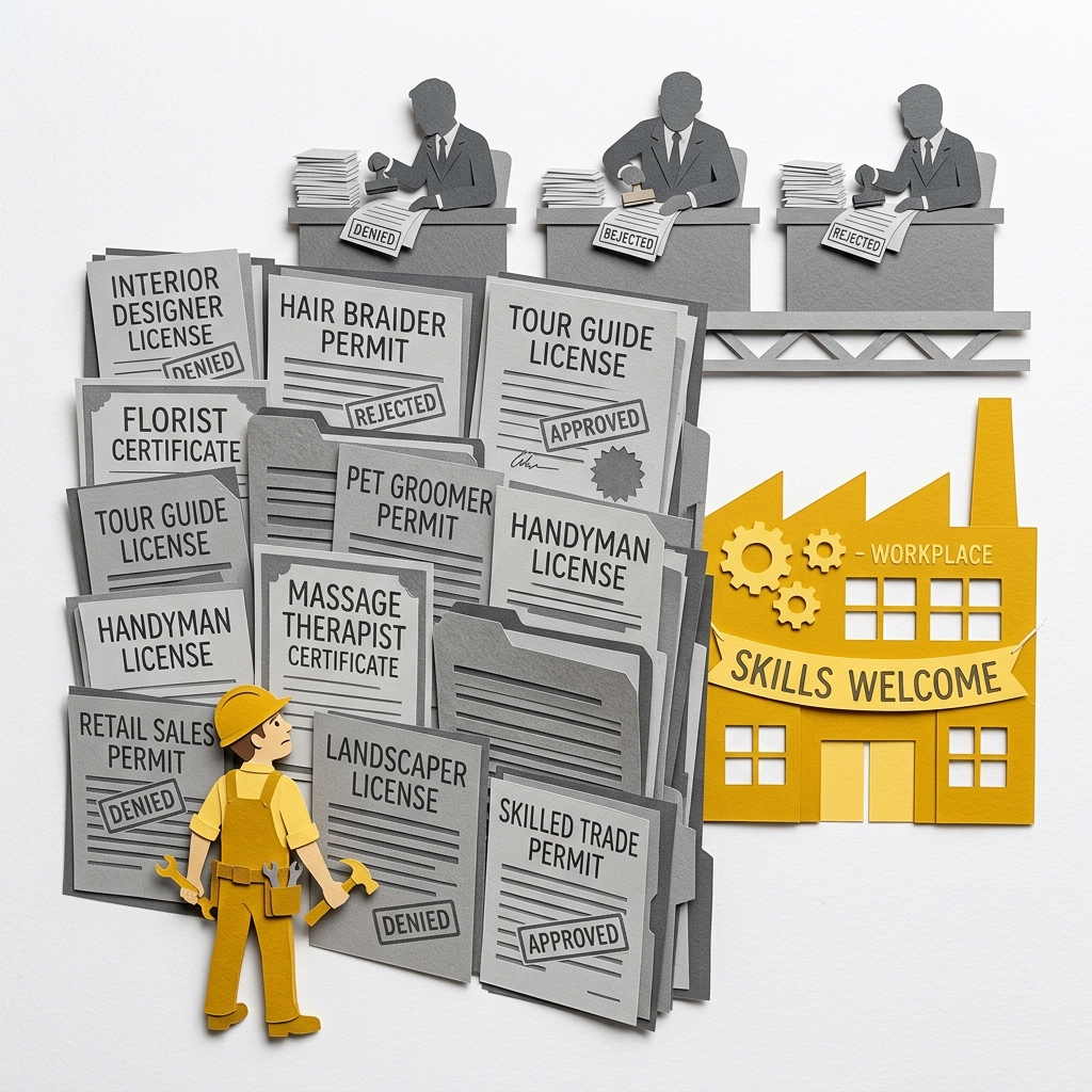 Layered papercut of a grey bureaucratic wall made of stacked licensing paperwork, certificates, and permit documents labeled with low-risk occupation names including interior designer, hair braider, florist, and tour guide, blocking a small golden yellow skilled worker figure with tools from reaching a golden yellow workplace building on the other side, while grey government official figures stamp rejected documents above the wall, illustrating how occupational licensing requirements in low-risk fields primarily serve to block economic opportunity for workers who lack the time and money to meet credentials that bear no demonstrated relationship to the safety of their work