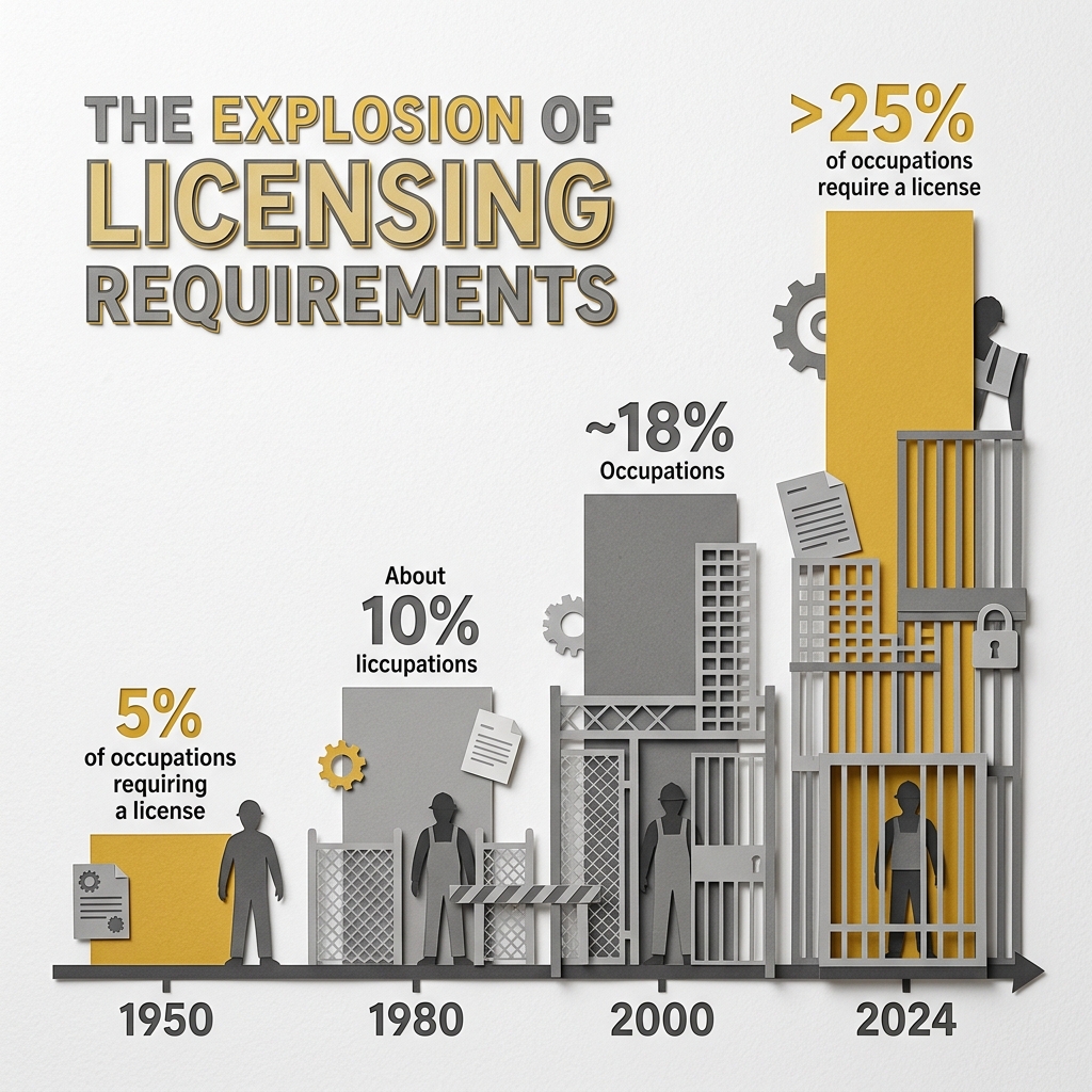 Layered papercut timeline bar chart from 1950 to 2024 showing occupational licensing requirements growing from 5 percent of occupations in 1950 to approximately 10 percent in 1980 to 18 percent in 2000 to over 25 percent in 2024, with worker silhouette figures beside each bar becoming progressively more trapped behind grey bars as the licensing requirements grow, illustrating the five-fold expansion of government permission requirements over seven decades driven primarily by incumbent industry lobbying rather than documented consumer protection needs