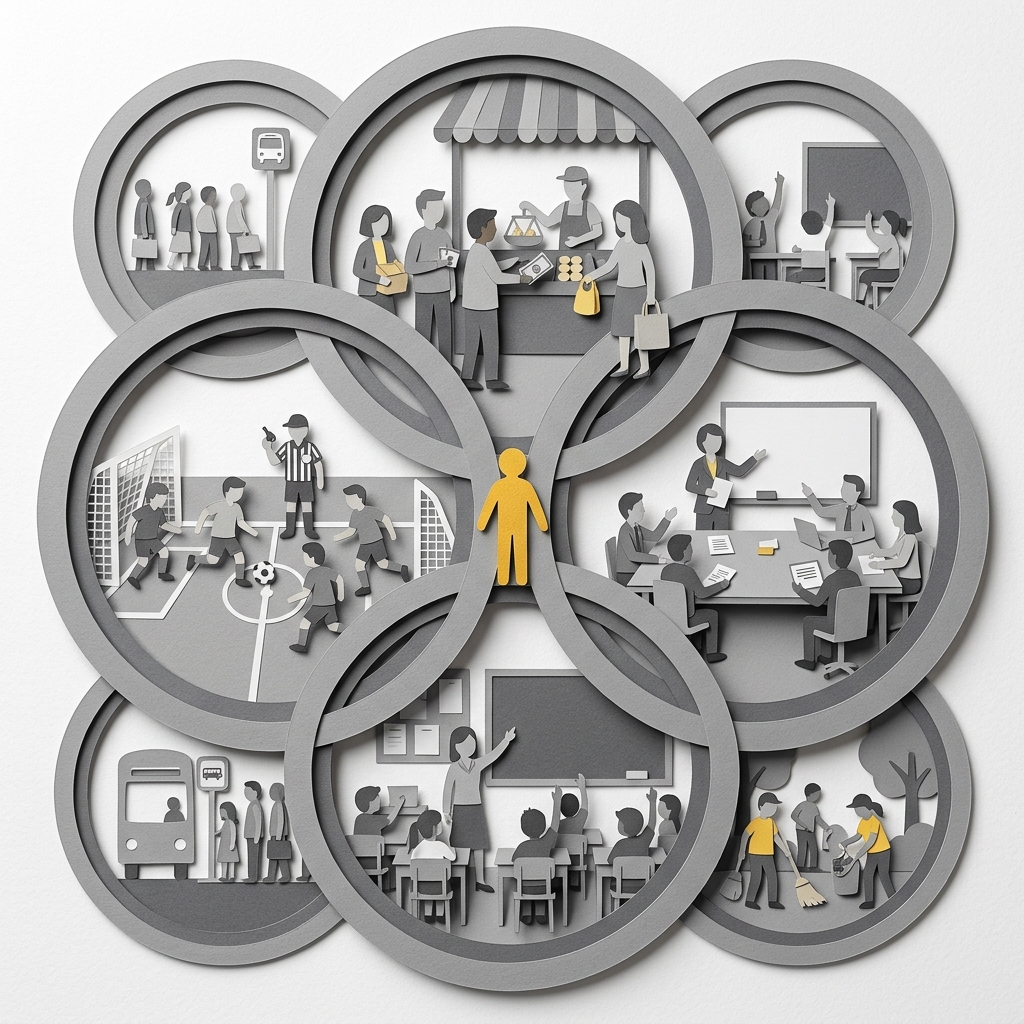 Layered papercut of multiple overlapping grey circles each containing different scenes of figures following different rules together, sports, market, meeting, all connected at their edges with a single golden yellow figure at the center, illustrating Ostrom's polycentric governance model and the competitive diversity of non-state rule systems