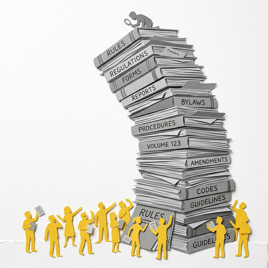 Layered papercut of a towering leaning stack of grey rule books and documents labeled with regulations and bylaws, with overwhelmed golden yellow figures at the base pointing in different directions and arguing, illustrating how regulatory complexity creates confusion, unequal compliance, and opportunities for exploitation