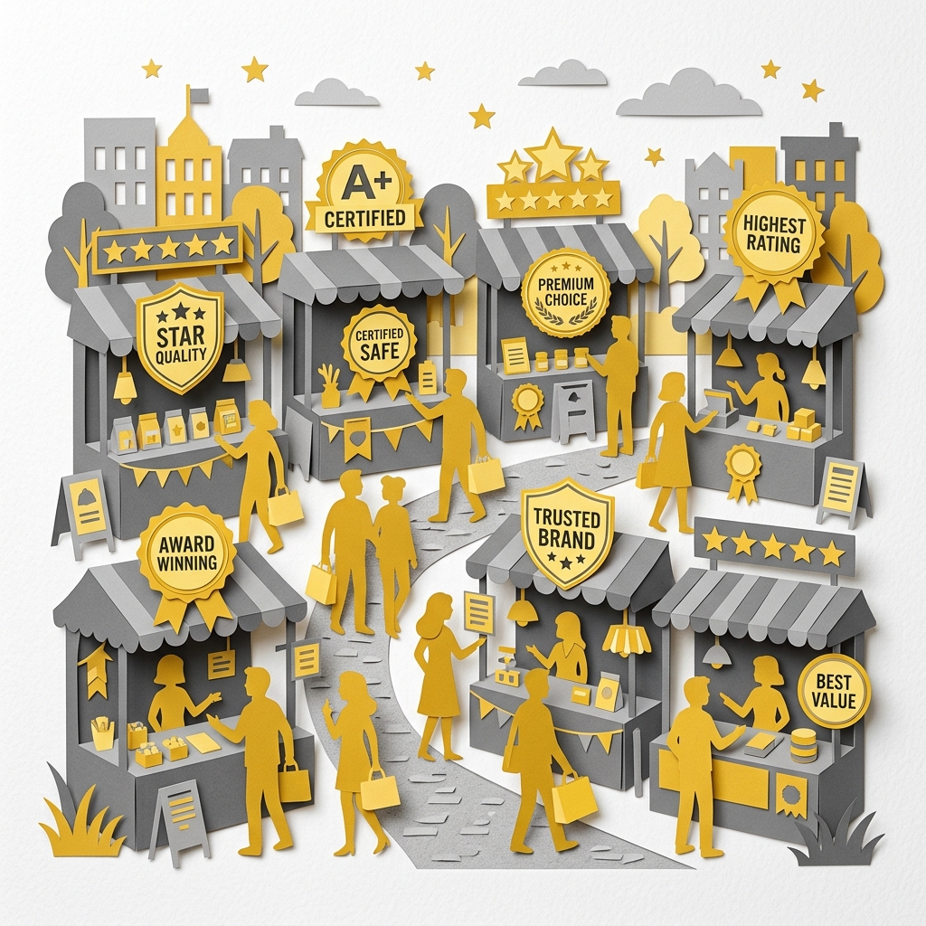 Layered papercut of a marketplace with multiple grey and yellow stalls displaying certification badges and shields, with golden yellow consumer silhouettes choosing among them, illustrating how competitive certification creates market incentives for standards without state mandates