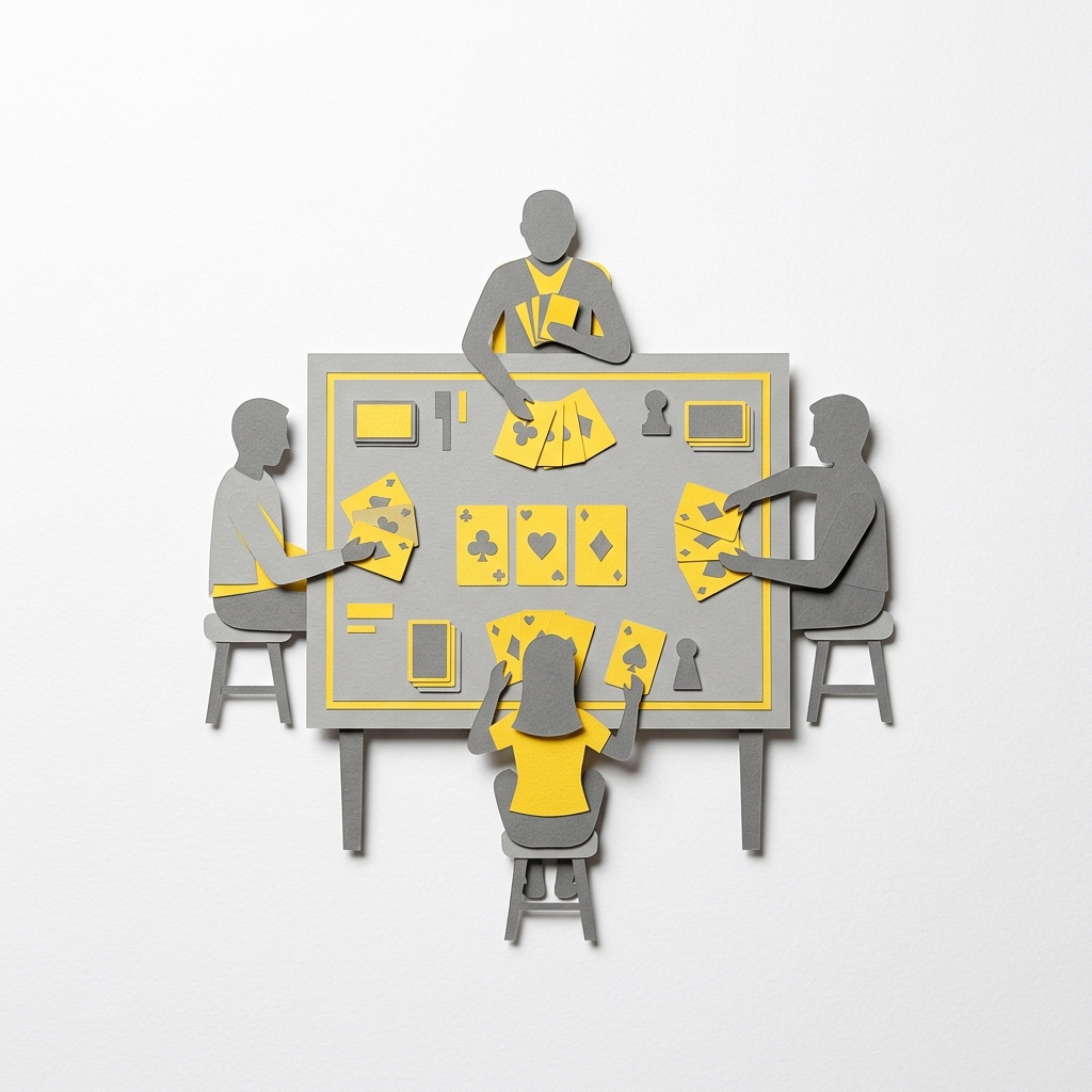 Layered papercut of four figures around a simple card table playing a card game with large yellow cards, the scene open and spacious suggesting ease and clarity, illustrating how simple rules lower barriers to participation and reduce the need for external adjudication
