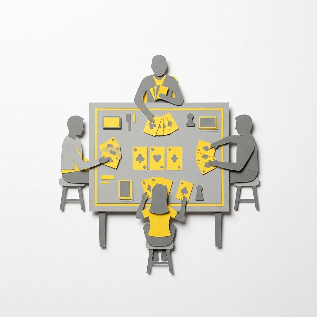 Layered papercut of four figures around a simple card table playing a card game with large yellow cards, the scene open and spacious suggesting ease and clarity, illustrating how simple rules lower barriers to participation and reduce the need for external adjudication