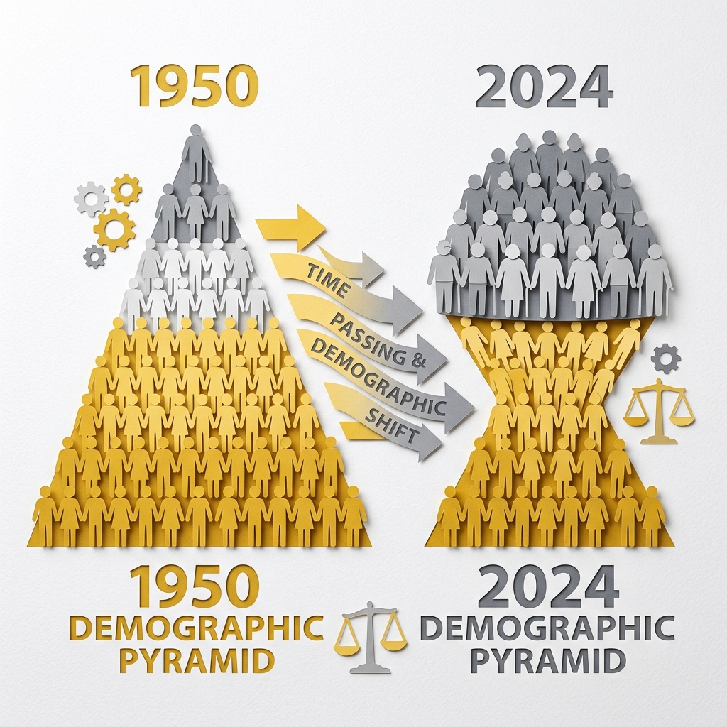 Layered papercut of two demographic pyramids side by side: the 1950 pyramid on the left shows a wide golden yellow base of many working-age figures supporting a small grey retiree peak at the top, while the 2024 pyramid on the right shows a much larger grey retiree mass at the top and a proportionally smaller golden yellow working base, with arrows between them labeled time passing and demographic shift, illustrating how Social Security's pay-as-you-go financing is strained by the dramatic fall in the worker-to-retiree ratio from approximately 16 workers per beneficiary in 1950 to approximately 2.7 in 2024