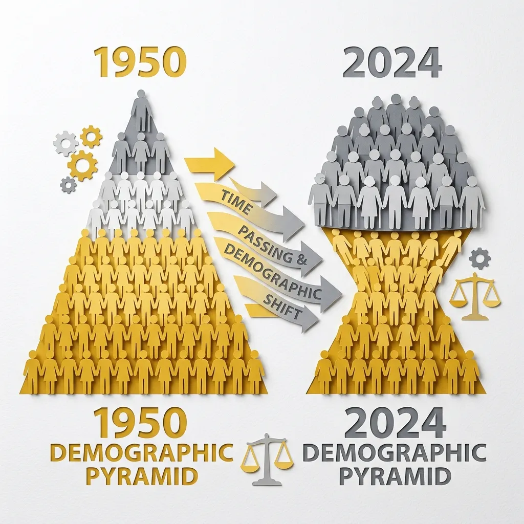 Layered papercut of two demographic pyramids side by side: the 1950 pyramid on the left shows a wide golden yellow base of many working-age figures supporting a small grey retiree peak at the top, while the 2024 pyramid on the right shows a much larger grey retiree mass at the top and a proportionally smaller golden yellow working base, with arrows between them labeled time passing and demographic shift, illustrating how Social Security’s pay-as-you-go financing is strained by the dramatic fall in the worker-to-retiree ratio from approximately 16 workers per beneficiary in 1950 to approximately 2.7 in 2024