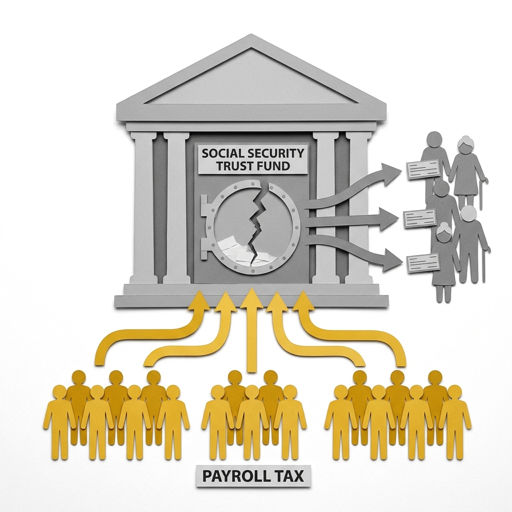 Layered papercut flow diagram showing rows of golden yellow working-figure silhouettes at the bottom with payroll tax arrows flowing upward into a grey government building containing a cracked Social Security trust fund vault, from which grey arrows flow outward to grey retiree figures on the right holding benefit checks, illustrating the pay-as-you-go structure in which current workers fund current retirees with no personal retirement savings accumulating, and the cracked vault representing the approaching trust fund depletion projected by the Social Security Board of Trustees for 2033