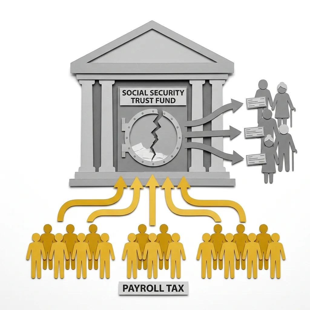 Layered papercut flow diagram showing rows of golden yellow working-figure silhouettes at the bottom with payroll tax arrows flowing upward into a grey government building containing a cracked Social Security trust fund vault, from which grey arrows flow outward to grey retiree figures on the right holding benefit checks, illustrating the pay-as-you-go structure in which current workers fund current retirees with no personal retirement savings accumulating, and the cracked vault representing the approaching trust fund depletion projected by the Social Security Board of Trustees for 2033
