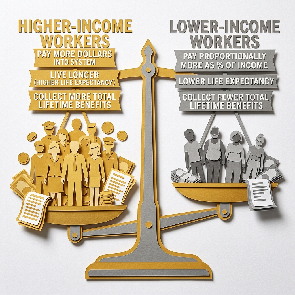 Layered papercut of a balance scale with golden yellow higher-income worker figures on the left side labeled pay more dollars into system, live longer, collect more total lifetime benefits while grey lower-income worker figures on the right side are labeled pay proportionally more as percentage of income, lower life expectancy, collect fewer total lifetime benefits, with the scale tilting toward the golden yellow side, illustrating the life expectancy and payroll tax cap factors that substantially offset the progressive benefit formula and make Social Security's net distributional impact less equal than its defenders typically acknowledge