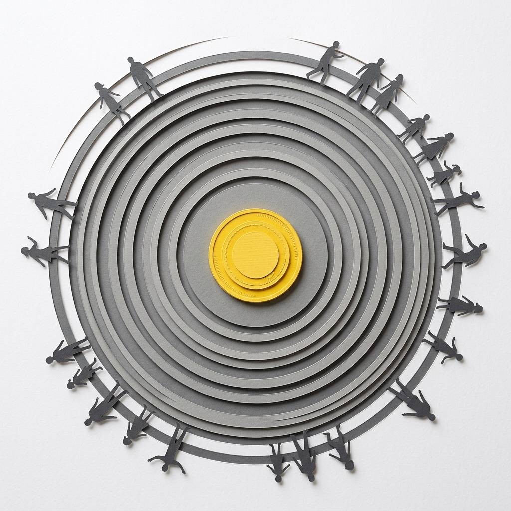 Layered papercut of a yellow coin at the center with concentric grey ripple rings spreading outward, with tiny human silhouettes being pushed back at the outer edges, illustrating how a tariff tax ripples through the whole economy affecting everyone