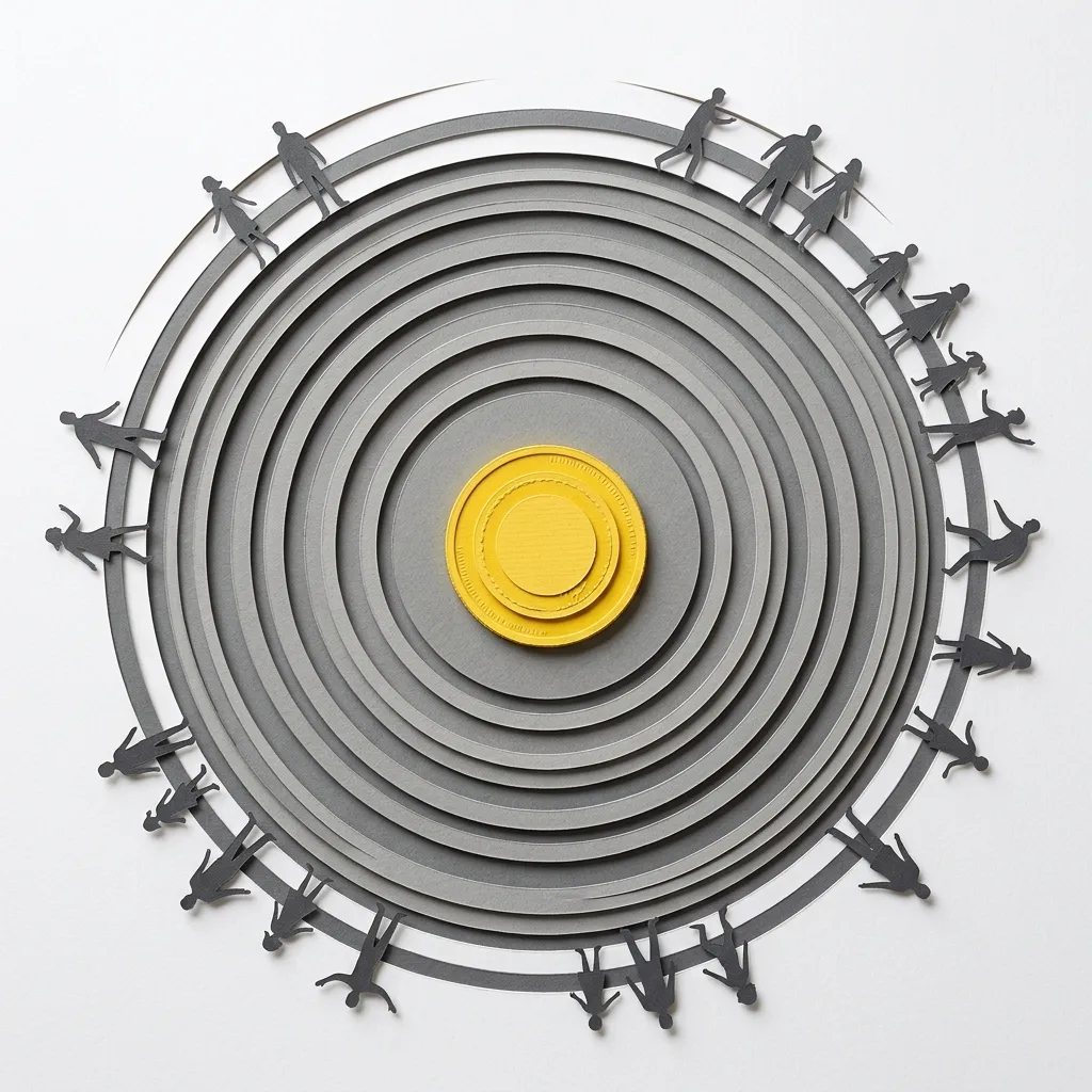 Layered papercut of a yellow coin at the center with concentric grey ripple rings spreading outward, with tiny human silhouettes being pushed back at the outer edges, illustrating how a tariff tax ripples through the whole economy affecting everyone