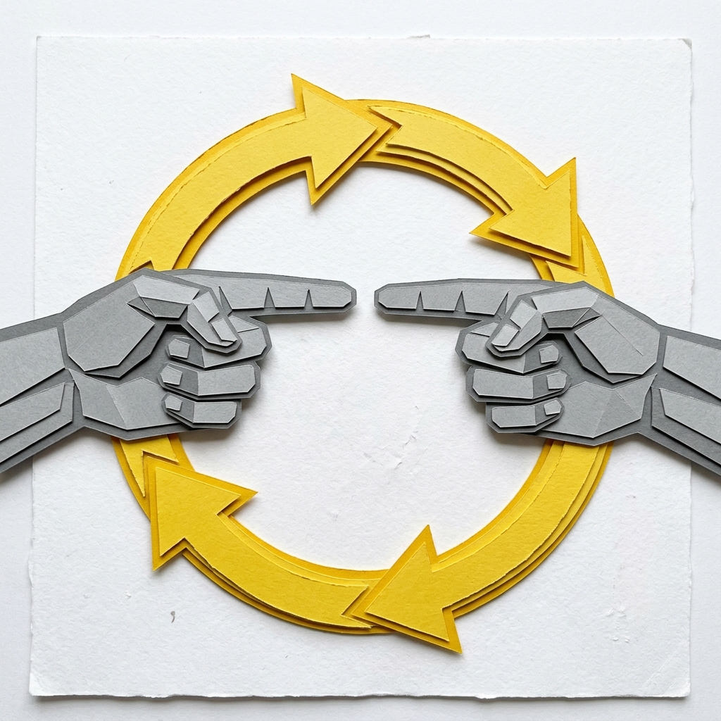Layered papercut of two grey hands pointing at each other across a yellow circular arrow loop, illustrating the endless cycle of tariff retaliation in trade wars
