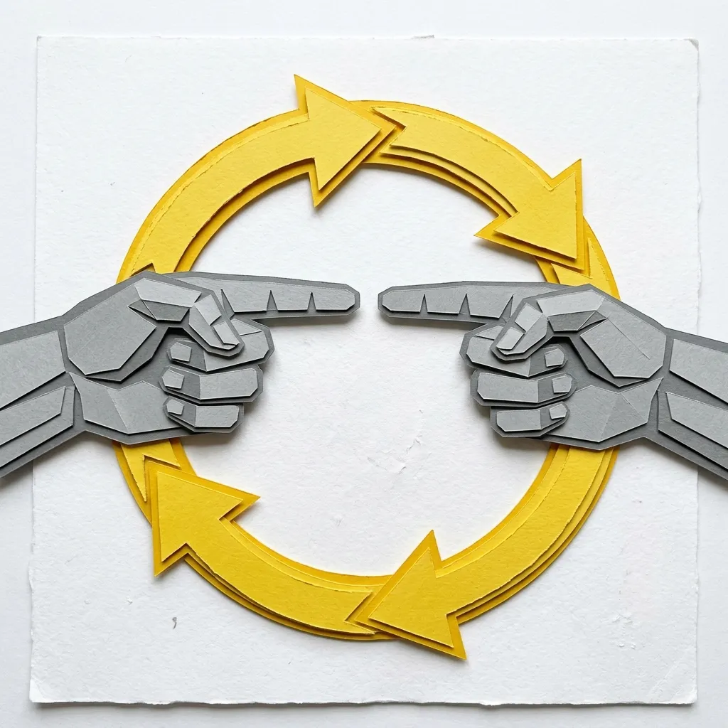 Layered papercut of two grey hands pointing at each other across a yellow circular arrow loop, illustrating the endless cycle of tariff retaliation in trade wars