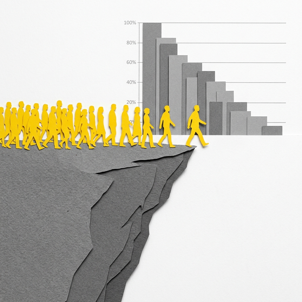 Layered papercut of a crowd of yellow silhouetted figures walking off a grey cliff edge into white space, while descending grey bar chart columns fall behind them, illustrating the catastrophic consequences of the Smoot-Hawley protectionist spiral
