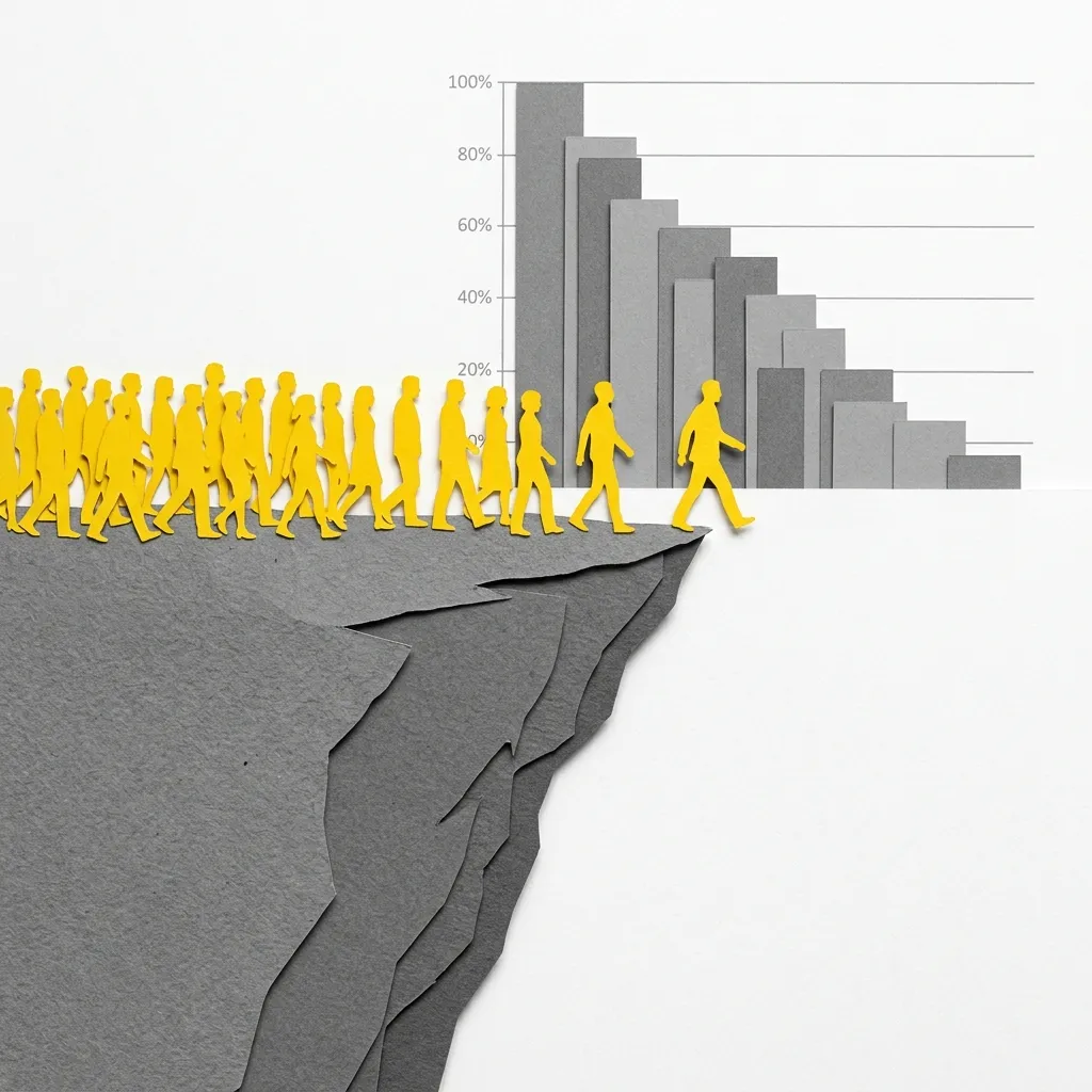 Layered papercut of a crowd of yellow silhouetted figures walking off a grey cliff edge into white space, while descending grey bar chart columns fall behind them, illustrating the catastrophic consequences of the Smoot-Hawley protectionist spiral