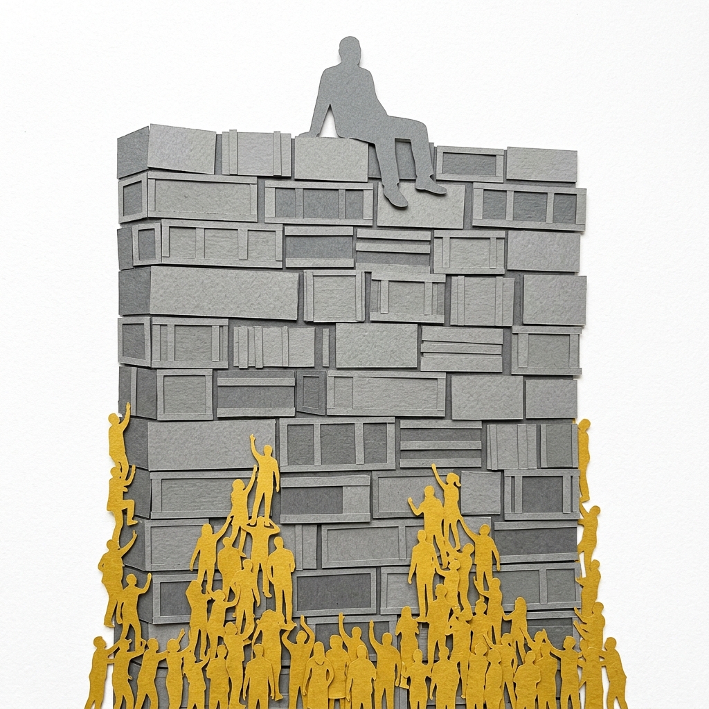 Layered papercut of a towering wall built from grey cargo crates, with a single grey figure sitting atop it while dozens of golden yellow consumer silhouettes press against the outside, illustrating how tariffs protect the few at the cost of the many