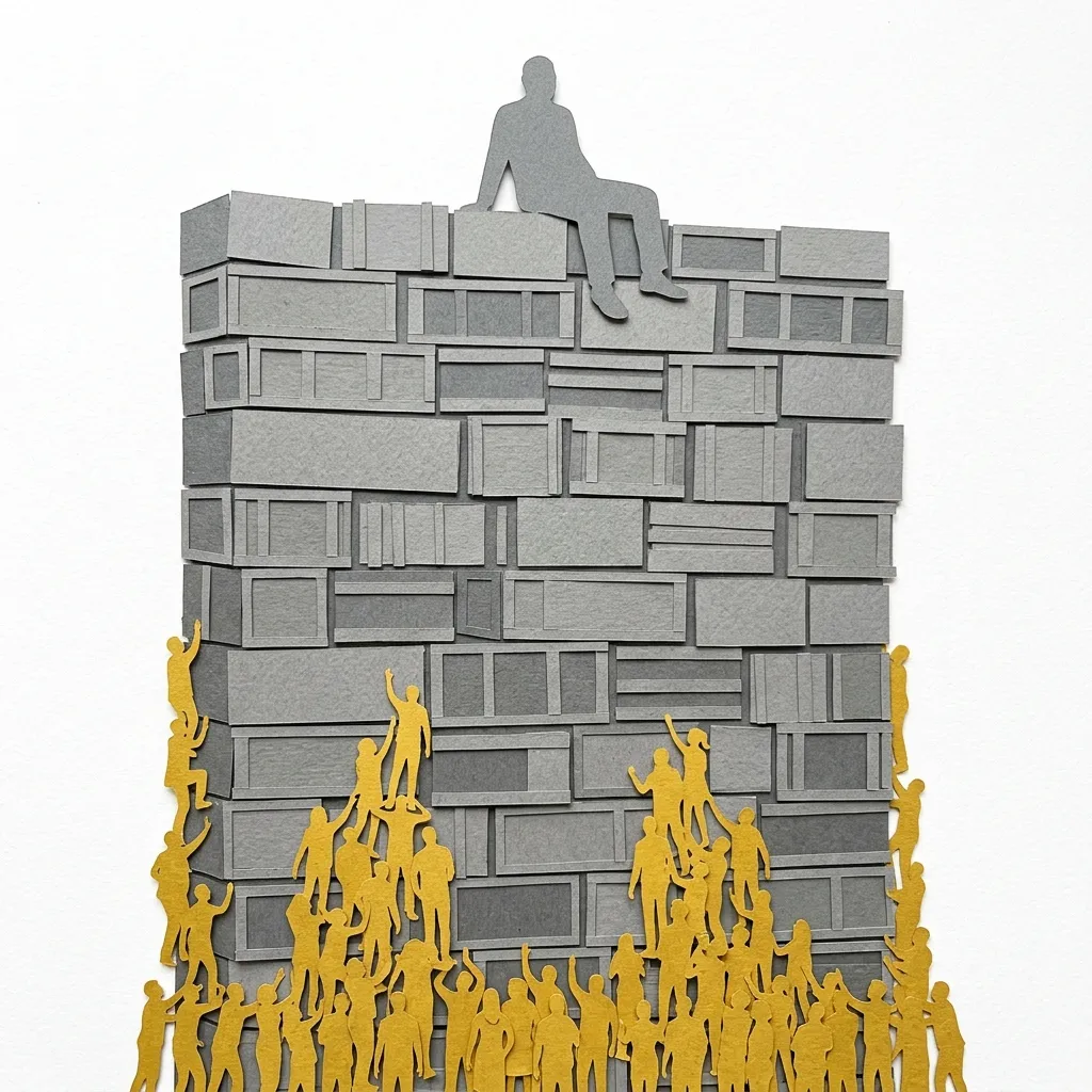 Layered papercut of a towering wall built from grey cargo crates, with a single grey figure sitting atop it while dozens of golden yellow consumer silhouettes press against the outside, illustrating how tariffs protect the few at the cost of the many