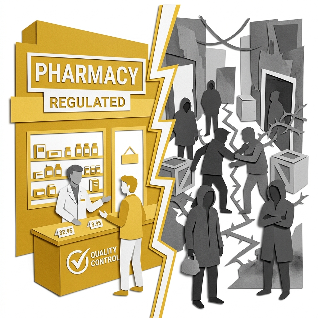 Layered papercut split scene with a vertical dividing line: on the left a golden yellow legal pharmacy with a regulated sign, stocked shelves, a white-coated pharmacist, and golden customer figures with visible prices representing legal regulated supply where quality, dosage, and purity are controlled, and on the right grey shadowy black market figures with no price information, no quality control, and jagged conflict lines between competitors resolving territorial disputes through violence, illustrating how prohibition does not eliminate demand for drugs but transfers supply from regulated legal markets to unregulated violent illegal ones, making drugs more dangerous rather than less used