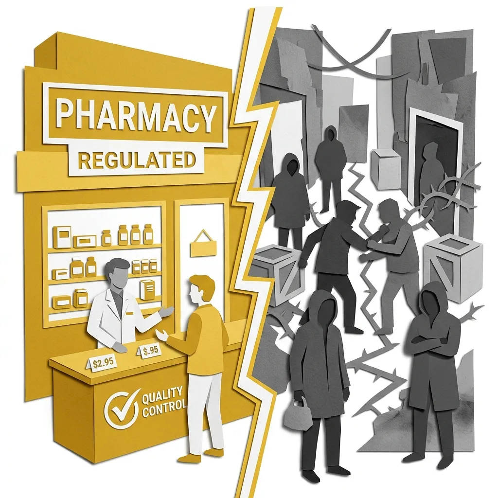 Layered papercut split scene with a vertical dividing line: on the left a golden yellow legal pharmacy with a regulated sign, stocked shelves, a white-coated pharmacist, and golden customer figures with visible prices representing legal regulated supply where quality, dosage, and purity are controlled, and on the right grey shadowy black market figures with no price information, no quality control, and jagged conflict lines between competitors resolving territorial disputes through violence, illustrating how prohibition does not eliminate demand for drugs but transfers supply from regulated legal markets to unregulated violent illegal ones, making drugs more dangerous rather than less used