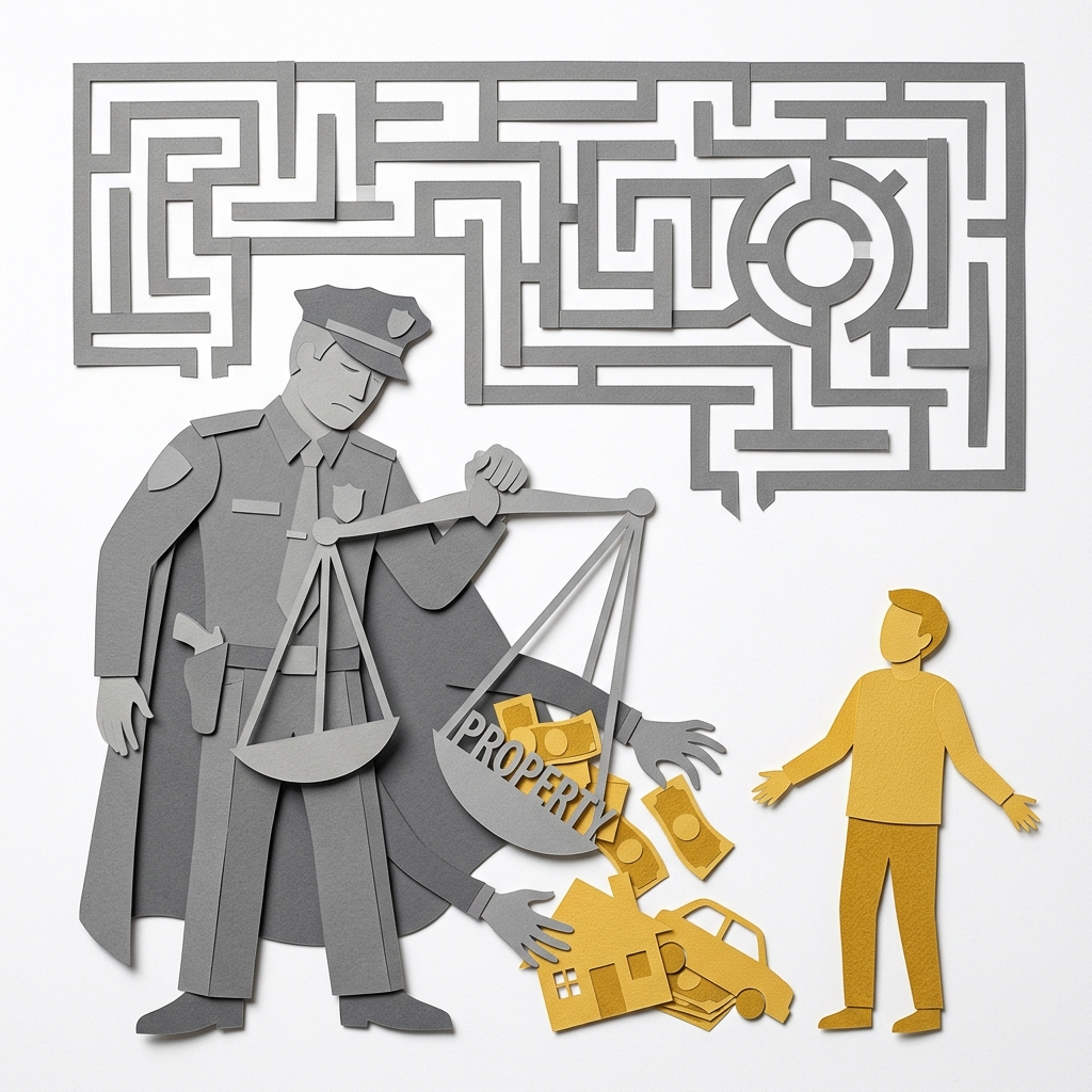 Layered papercut of a grey law enforcement figure holding tilted scales of justice from which golden yellow property including a house, car, and cash pile falls away from a golden yellow civilian figure standing empty-handed with arms outstretched, while above both figures a grey bureaucratic maze of legal obstacles has no visible exit for the property owner, illustrating how civil asset forfeiture allows law enforcement to seize property without a criminal conviction and requires property owners to navigate a legal maze to recover their belongings, inverting the presumption of innocence on which American criminal law is supposed to rest