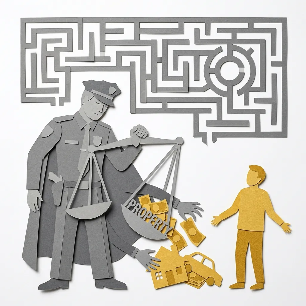 Layered papercut of a grey law enforcement figure holding tilted scales of justice from which golden yellow property including a house, car, and cash pile falls away from a golden yellow civilian figure standing empty-handed with arms outstretched, while above both figures a grey bureaucratic maze of legal obstacles has no visible exit for the property owner, illustrating how civil asset forfeiture allows law enforcement to seize property without a criminal conviction and requires property owners to navigate a legal maze to recover their belongings, inverting the presumption of innocence on which American criminal law is supposed to rest