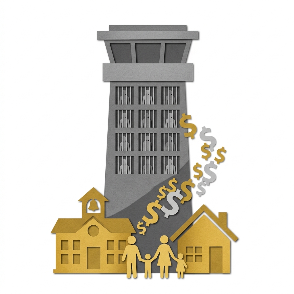 Layered papercut of a large grey prison tower with small grey human figures stacked in cells behind bars, while at the base golden yellow community symbols including a school building, family home, and family figures are overshadowed by the prison's grey shadow as dollar sign shapes flow upward from the community into the prison, illustrating how the War on Drugs has consumed over $1 trillion in public resources including funds that could have supported education, treatment, and community investment, while failing to reduce drug use and producing the world's largest per-capita prison population