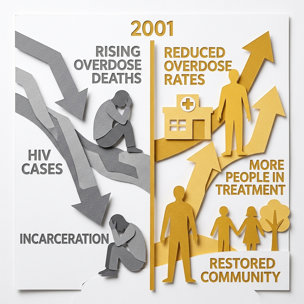 Layered papercut of a before-and-after timeline split by a vertical line labeled 2001: on the left grey descending arrows labeled rising overdose deaths, HIV cases, and incarceration with distressed grey human figures in deteriorated community settings, and on the right golden yellow ascending arrows labeled reduced overdose rates, more people in treatment, and restored community with golden yellow human figures and health clinic and family symbols, illustrating Portugal's documented outcomes following its 2001 drug decriminalization which reduced new HIV/AIDS cases among drug users from over 50 percent of diagnoses to approximately 6 percent within fifteen years while overdose deaths fell to among the lowest in the European Union