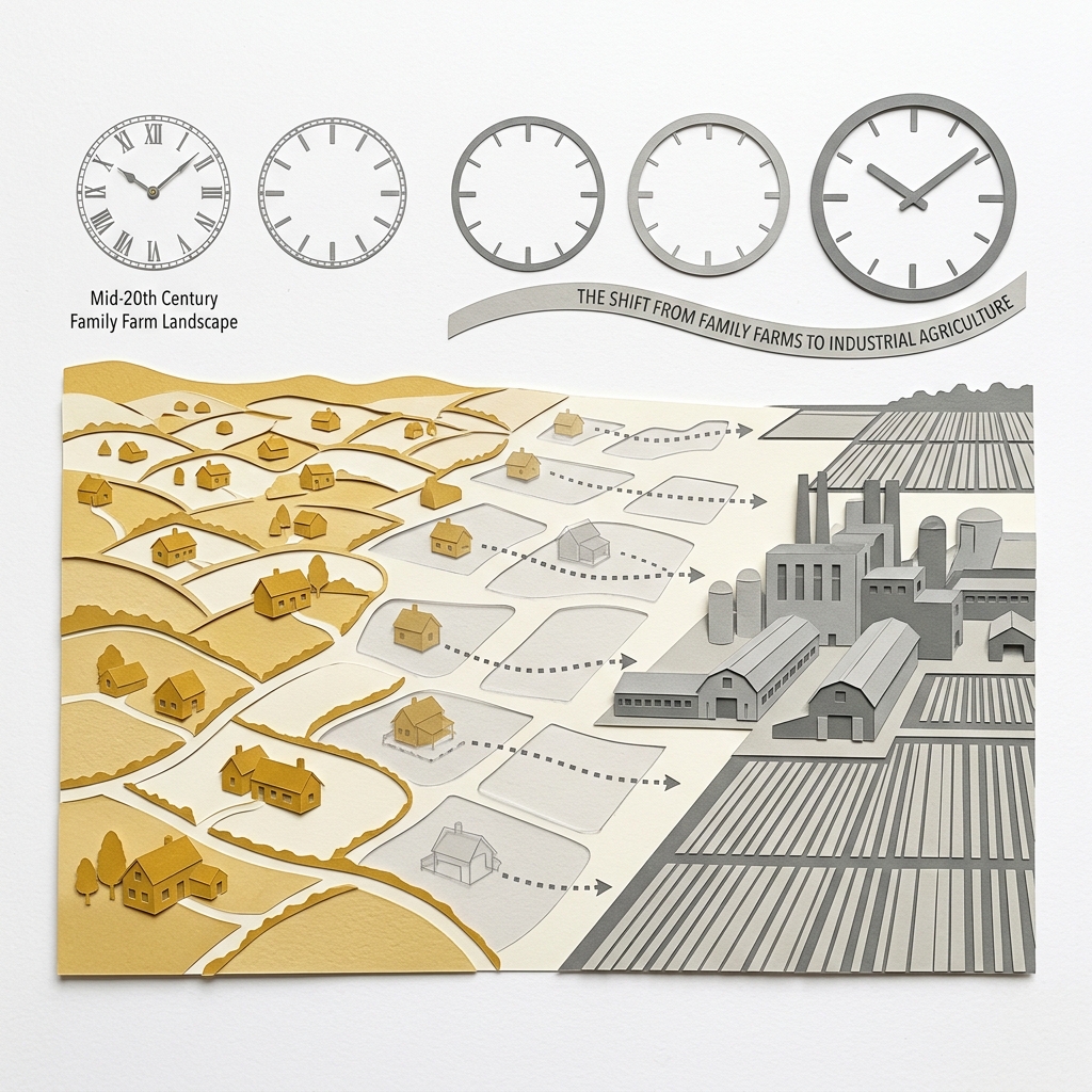 Layered papercut timeline landscape from left to right: on the far left many small golden yellow farmhouses spread across a diverse landscape with small individual crop plots representing the abundant mid-20th century family farm landscape, moving right the farmhouses gradually fade to grey outlines and disappear one by one as the landscape grows more uniform, until on the far right one enormous grey industrial farm complex dominates the entire scene replacing all the small farms, with grey clock shapes above marking the decades of this transition, illustrating that despite billions in annual farm subsidies the number of US farms has declined by more than 60 percent since 1950 and the pace of farm loss has not slowed