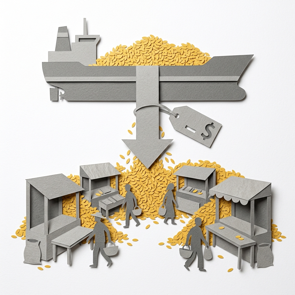 Layered papercut of a large grey cargo ship overflowing with golden yellow grain shapes at the top of the frame, a thick grey downward price arrow with a low-price tag dropping from the ship, and below it a developing-world marketplace where small grey farmer figures walk away empty-handed from their bare market stalls as golden yellow grain floods in overwhelming the local market, illustrating how US commodity subsidies enable below-cost grain exports that undercut smallholder farmers in developing countries, a dynamic confirmed by the WTO ruling against US cotton subsidies in the 2004 Brazil-US cotton dispute
