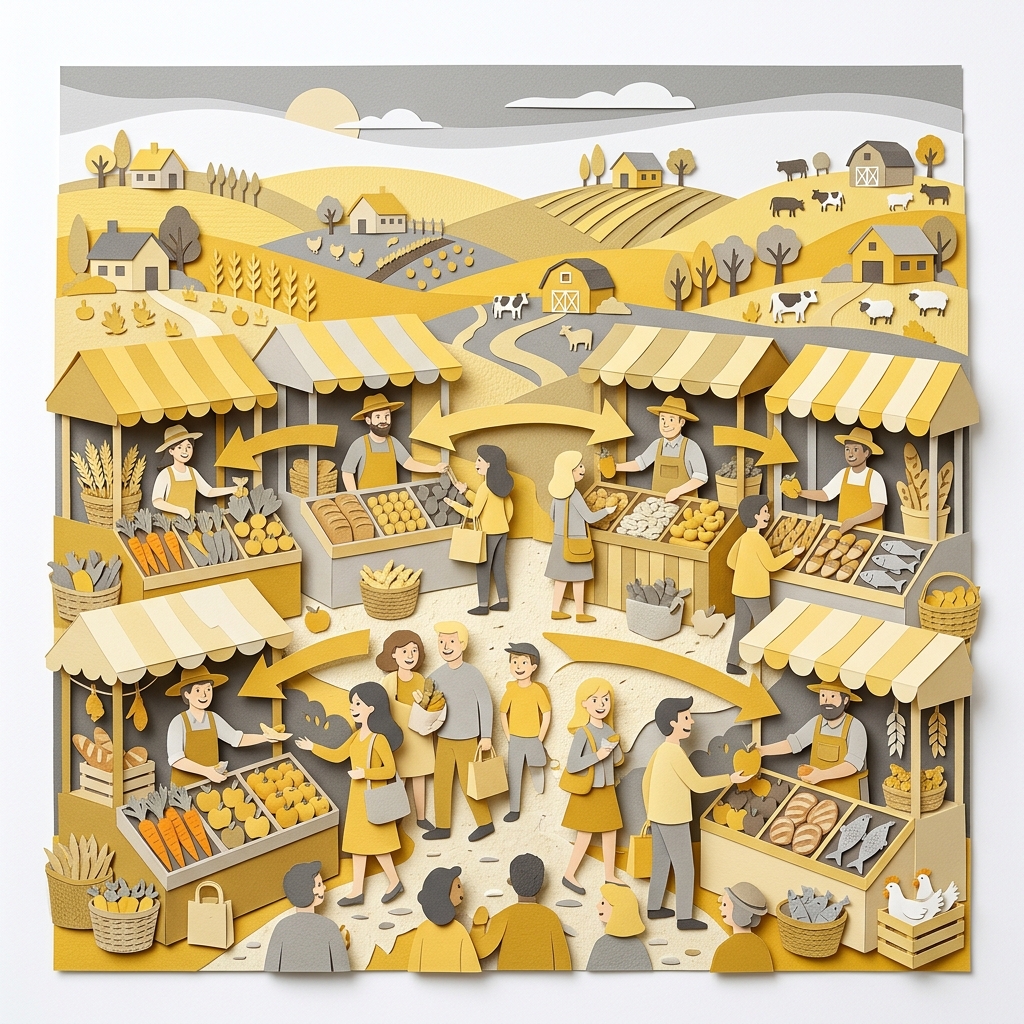 Layered papercut of a thriving farmers market scene: multiple golden yellow farm stalls offering diverse goods including vegetables, fruits, grains and meats, with golden yellow consumer figures and farmer figures connected by direct golden yellow arrows representing the farm to consumer relationship that bypasses commodity middlemen, and in the background diverse small farms on golden rolling hills each producing different products, illustrating what a market-oriented agricultural landscape without commodity subsidy distortions might look like: more diverse production, more direct producer-consumer relationships, and a broader distribution of farm income across a larger number of farm operations