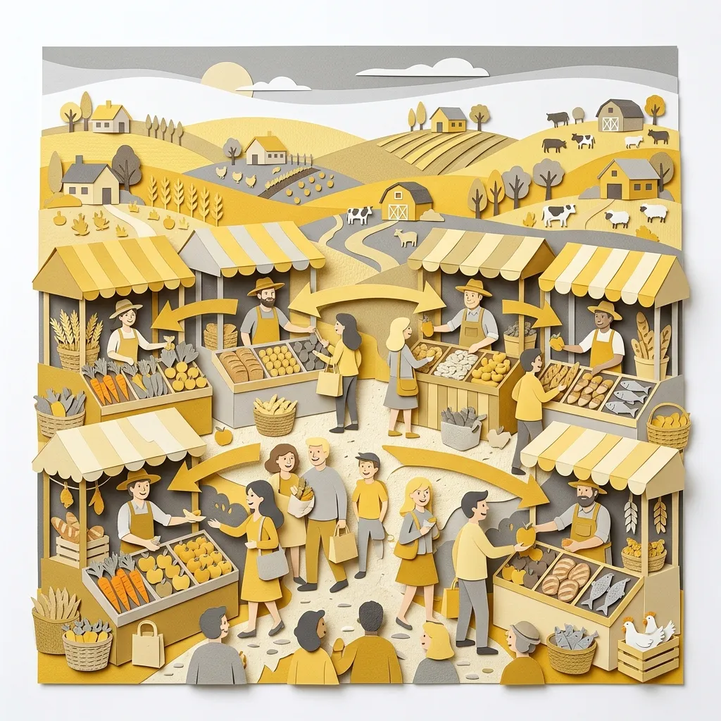 Layered papercut of a thriving farmers market scene: multiple golden yellow farm stalls offering diverse goods including vegetables, fruits, grains and meats, with golden yellow consumer figures and farmer figures connected by direct golden yellow arrows representing the farm to consumer relationship that bypasses commodity middlemen, and in the background diverse small farms on golden rolling hills each producing different products, illustrating what a market-oriented agricultural landscape without commodity subsidy distortions might look like: more diverse production, more direct producer-consumer relationships, and a broader distribution of farm income across a larger number of farm operations