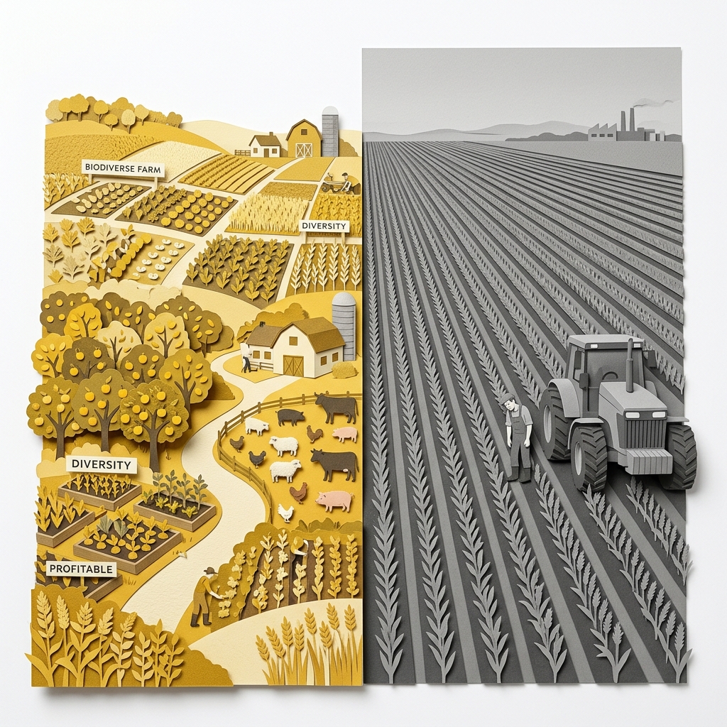 Layered papercut of a split landscape: on the left a golden yellow diverse farm with multiple sections showing different crops in small plots, fruit trees, a vegetable garden and a small mixed livestock herd representing biodiverse market-oriented farming with direct-to-consumer potential, on the right a vast flat grey landscape of identical commodity crop rows stretching to the horizon with a small exhausted grey farmer figure dwarfed by an enormous grey tractor, representing how commodity subsidies channel production toward monoculture at the expense of diversity, ecological health, and the farmer's own market flexibility