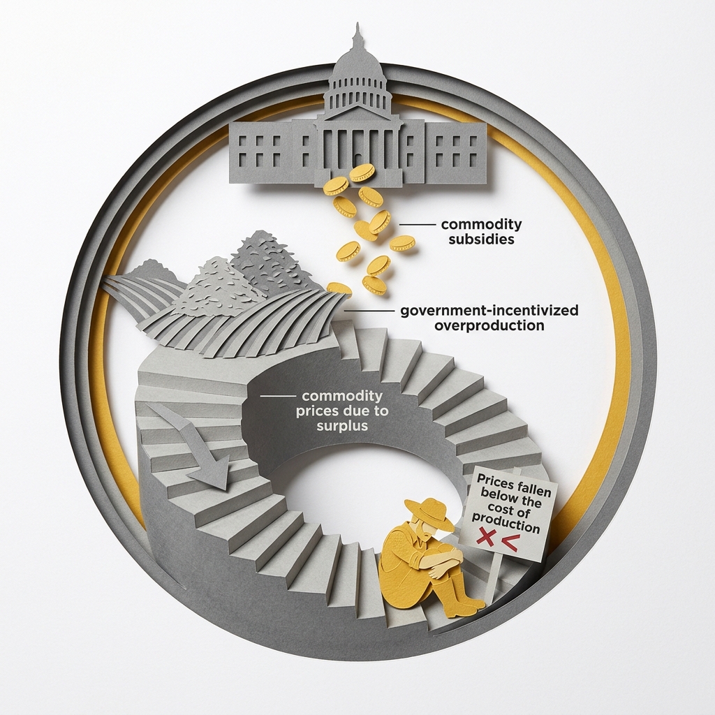 Layered papercut of a circular descending spiral staircase: at the top a grey government building issues golden yellow coins representing commodity subsidies, on the first step down grey fields overflow with surplus crop piles representing government-incentivized overproduction, on the next step a downward grey price arrow shows commodity prices falling due to persistent surplus, at the bottom a small golden farmer figure sits trapped in the spiral with prices fallen below the cost of production, illustrating how commodity subsidies encourage overproduction which suppresses the prices the subsidy is meant to compensate for, trapping producers in a cycle of subsidy dependence that serves agribusiness and landowners more than working farmers