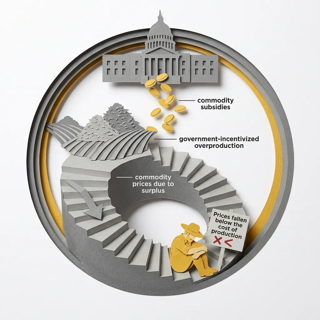Layered papercut of a circular descending spiral staircase: at the top a grey government building issues golden yellow coins representing commodity subsidies, on the first step down grey fields overflow with surplus crop piles representing government-incentivized overproduction, on the next step a downward grey price arrow shows commodity prices falling due to persistent surplus, at the bottom a small golden farmer figure sits trapped in the spiral with prices fallen below the cost of production, illustrating how commodity subsidies encourage overproduction which suppresses the prices the subsidy is meant to compensate for, trapping producers in a cycle of subsidy dependence that serves agribusiness and landowners more than working farmers