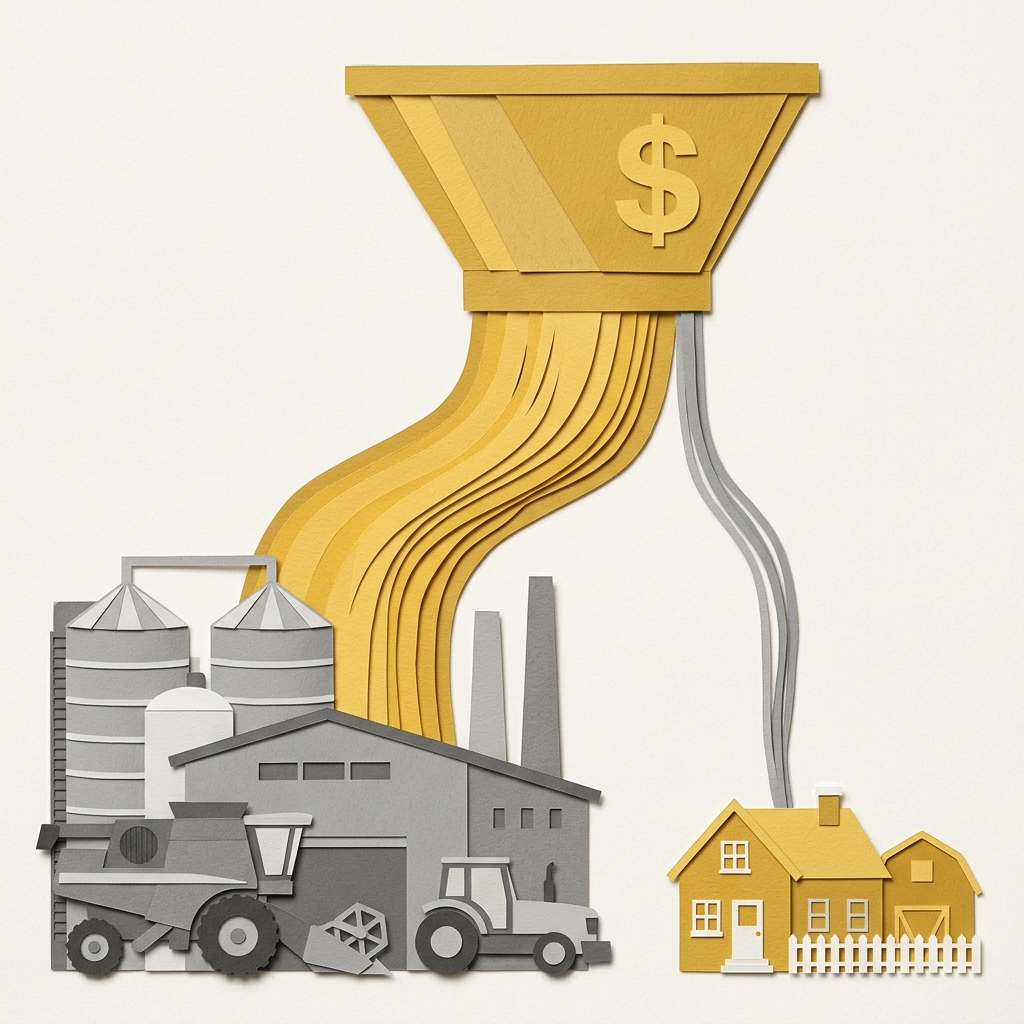 Layered papercut of a golden yellow dollar-sign funnel at the top representing federal farm subsidy dollars splitting into two unequal streams: a wide golden flow pouring into a large grey industrial farm complex with silos and heavy machinery representing the majority of subsidy dollars flowing to the largest operations, and a narrow grey trickle reaching a small golden farmhouse with a modest barn representing the minimal amount reaching small family farms, illustrating that despite rhetoric about protecting the family farm the majority of commodity subsidy payments are captured by the largest agricultural producers