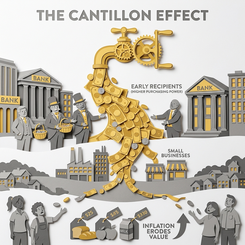 Layered papercut diagram showing a golden yellow money spigot at the top from which newly created money flows first in a full rich stream to large grey financial institution buildings and wealthy investor figures close to the source, then in a progressively thinner trickle to smaller golden yellow businesses in the middle distance, and finally as a tiny drip of grey coins to ordinary wage earner figures at the far edges where rising price tags on goods show inflation having already eroded the money's value, illustrating the Cantillon effect in which newly created money benefits first recipients who can purchase assets before prices rise while later recipients such as wage earners face inflation before their incomes adjust