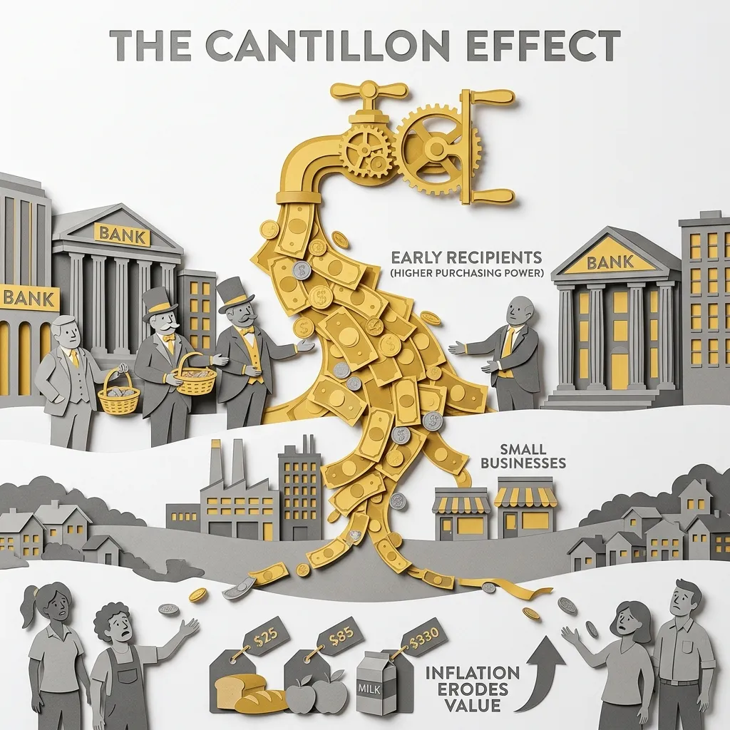 Layered papercut diagram showing a golden yellow money spigot at the top from which newly created money flows first in a full rich stream to large grey financial institution buildings and wealthy investor figures close to the source, then in a progressively thinner trickle to smaller golden yellow businesses in the middle distance, and finally as a tiny drip of grey coins to ordinary wage earner figures at the far edges where rising price tags on goods show inflation having already eroded the money’s value, illustrating the Cantillon effect in which newly created money benefits first recipients who can purchase assets before prices rise while later recipients such as wage earners face inflation before their incomes adjust