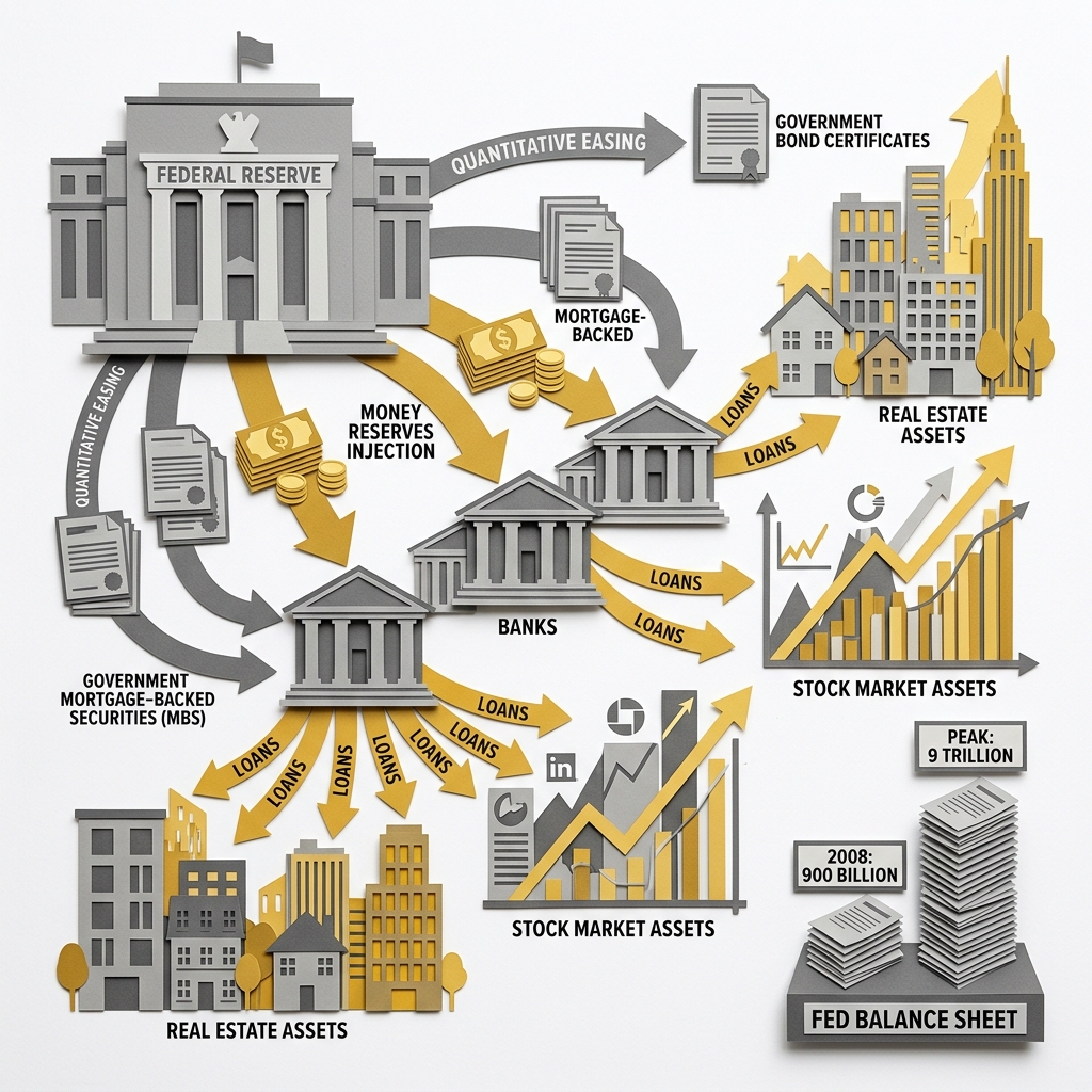Layered papercut Federal Reserve building with grey arrows showing quantitative easing flowing outward as it purchases grey government bond certificates and mortgage-backed security documents and injects golden yellow money reserves into grey bank buildings, which in turn flow golden yellow loan arrows to real estate buildings and stock market charts that grow taller and more golden, while a small counter in the corner shows the balance sheet growing as a tower of documents from 900 billion in 2008 to 9 trillion at peak, illustrating how the Fed's decade of asset purchases primarily inflated financial asset prices held by wealthy households rather than raising wages for ordinary workers